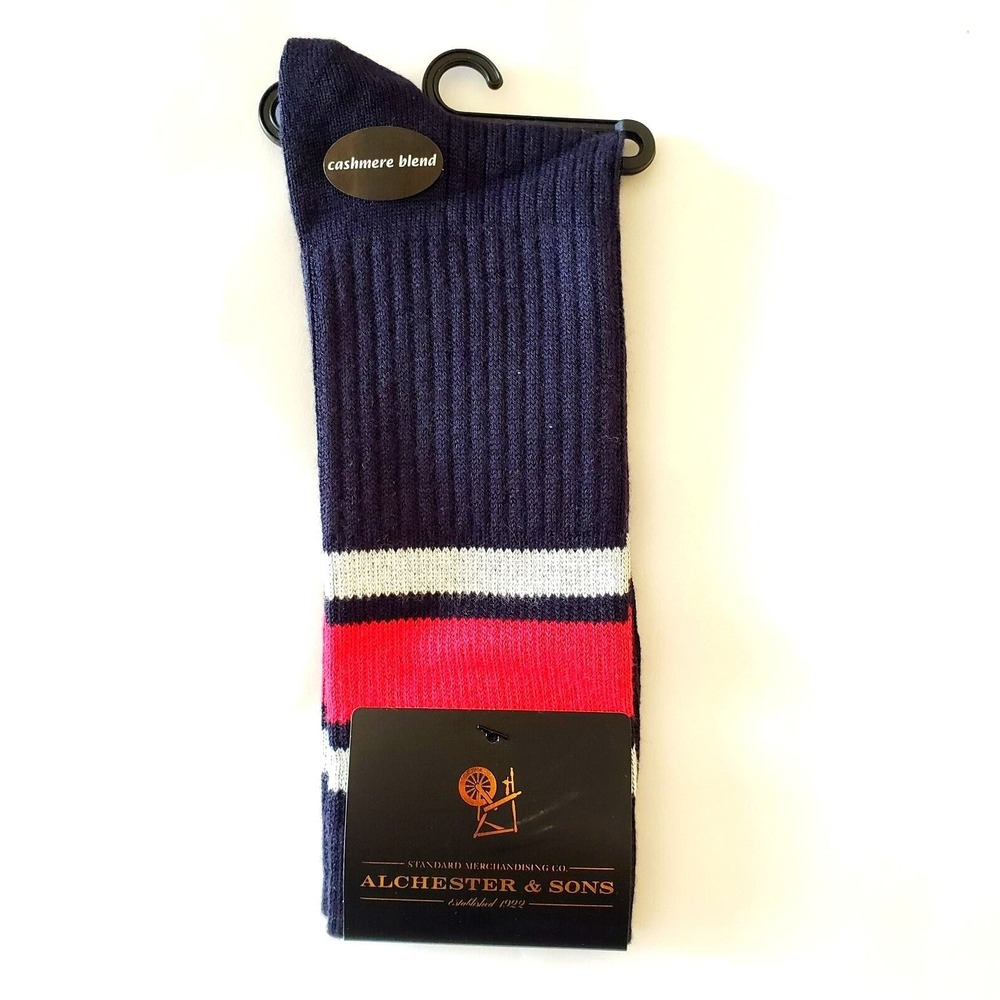 Navy Blue Red Stripe Crew Socks Mens Large Viscose Cashmere Blend Alchester NEW